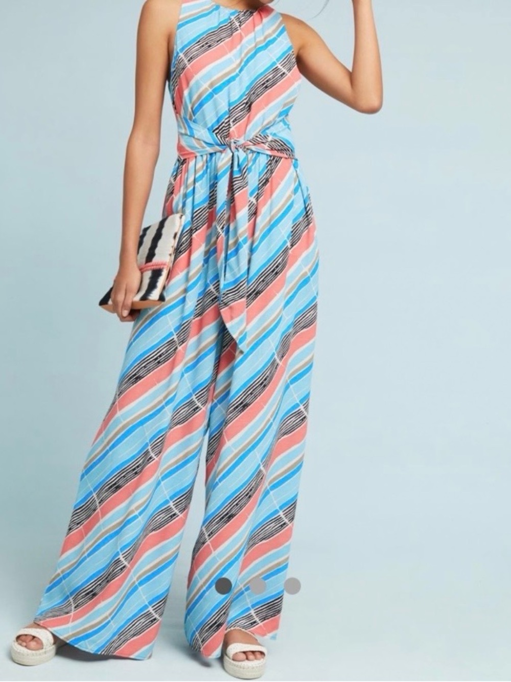 Plenty by Tracy Reese Coral, Blue & Black Striped Halter Jumpsuit